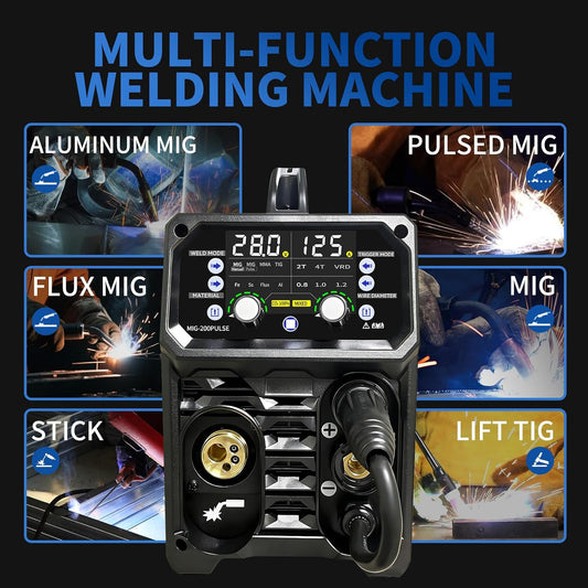 200A Aluminum Pulsed MIG Welder,5 in 1 Welder Machine Pulse MIG/Gas MIG/Gasless Flux Core MIG/Stick/Lift TIG/110v/220v Dual Voltage Large LED Display with 2T/4T Synergic Multiprocess Welding Machine