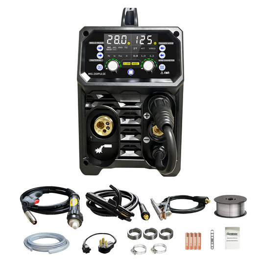 250A Aluminum Pulsed MIG Welder,5 in 1 Welder Machine Pulse MIG/Gas MIG/Gasless Flux Core MIG/Stick/Lift TIG/110v/220v Dual Voltage Large LED Display with 2T/4T Synergic Multiprocess Welding Machine