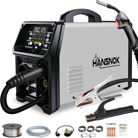 250A Aluminum Pulsed MIG Welder,5 in 1 Welder Machine Pulse MIG/Gas MIG/Gasless Flux Core MIG/Stick/Lift TIG/110v/220v Dual Voltage Large LED Display with 2T/4T Synergic Multiprocess Welding Machine