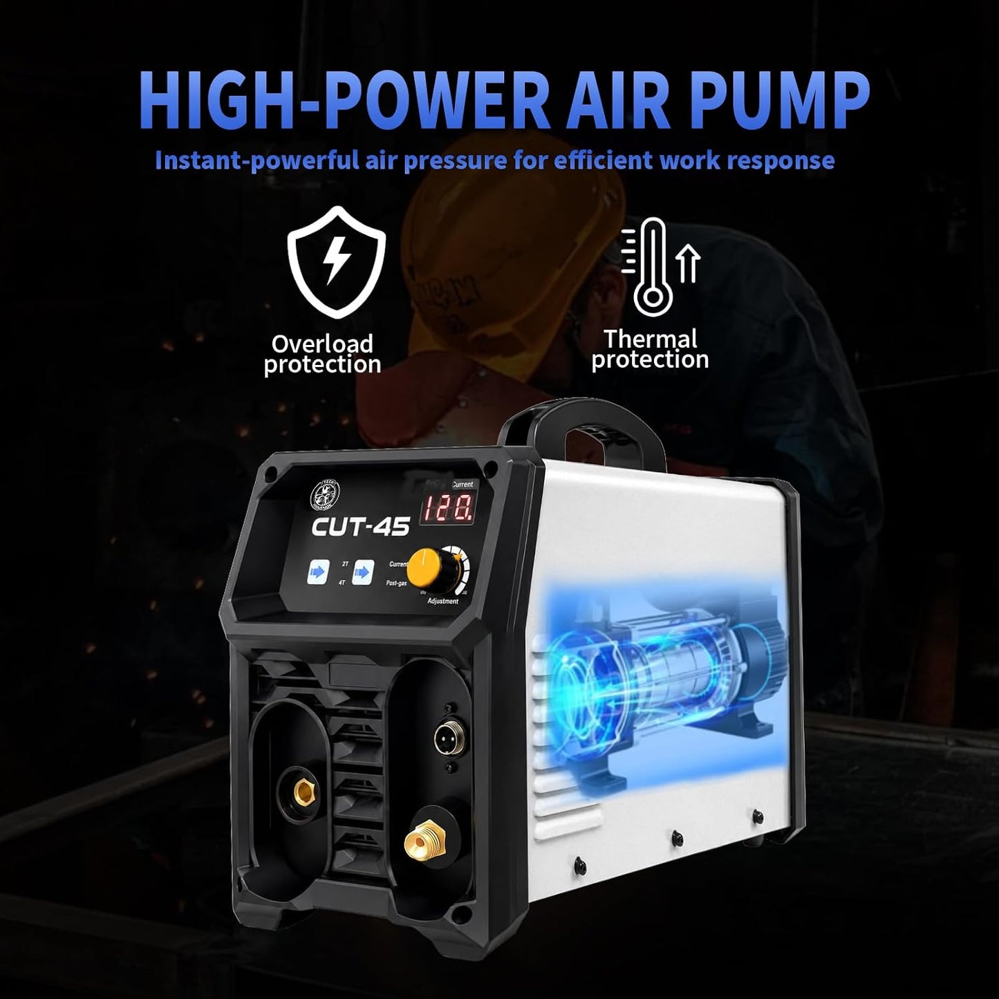 Plasma Cutter With Built In Air Compressor 45A 120V IGBT Inverter Digital Plug and play Portable Plasma Cutting Machine 3/8 Inch Clean Cut And 5/8 Inch Max Cut High Frequency