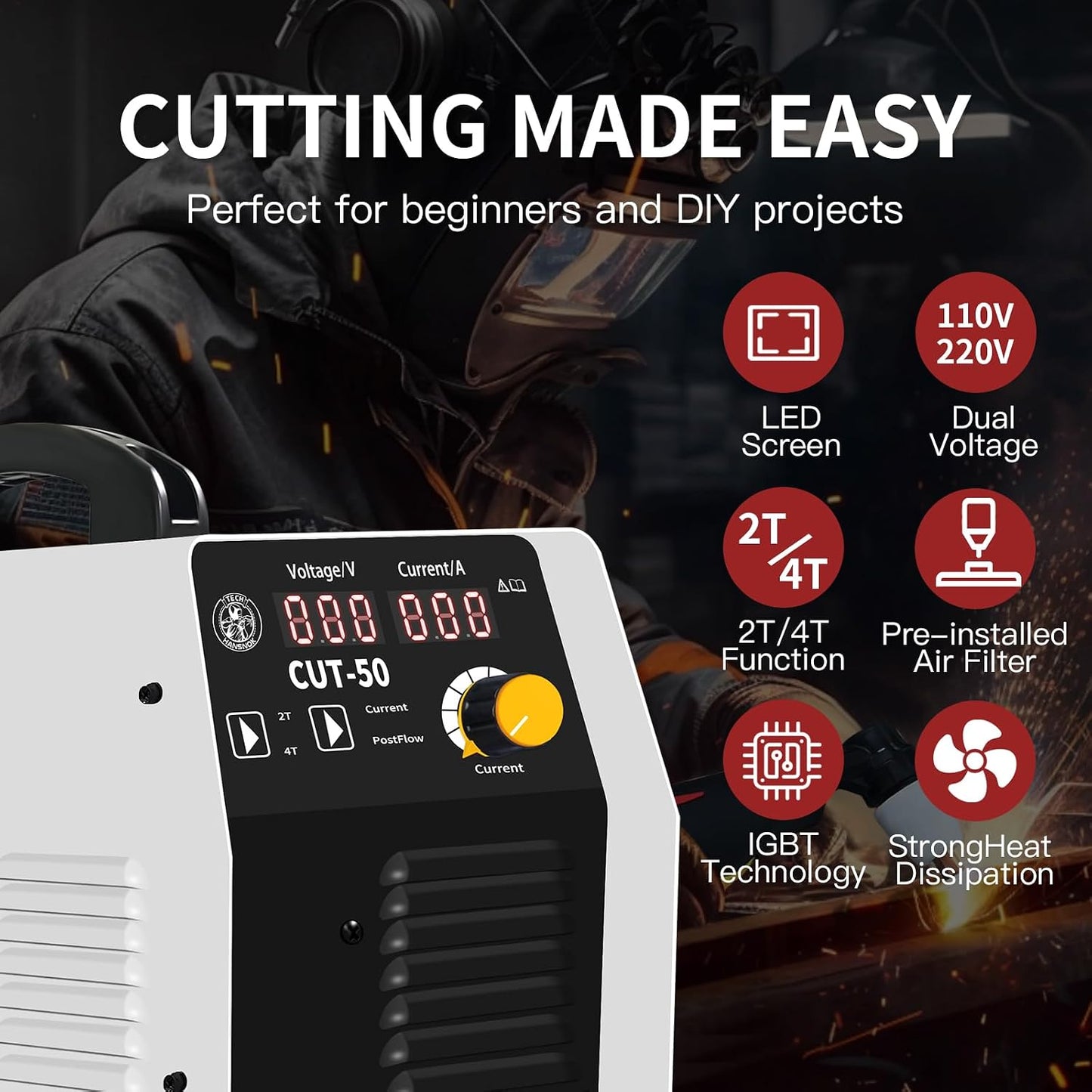 Plasma Cutter,50Amps Cutter Machine with 110/220V Dual Voltage IGBT Inverter,Large Digital Display,Air Sensor,1/2 Inch Clean Cut 5/8 Inch Max Cut Post Flow and 2T/4T,Portable Metal Cutting